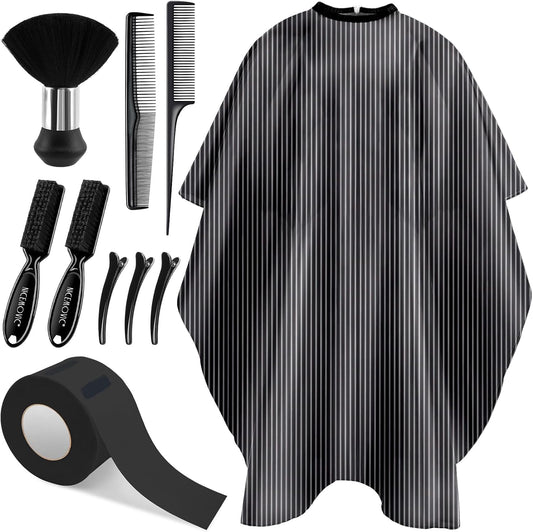 NICEMOVIC 10 in 1 hair cutting barber cape kit front view showing striped salon apron and accessories.