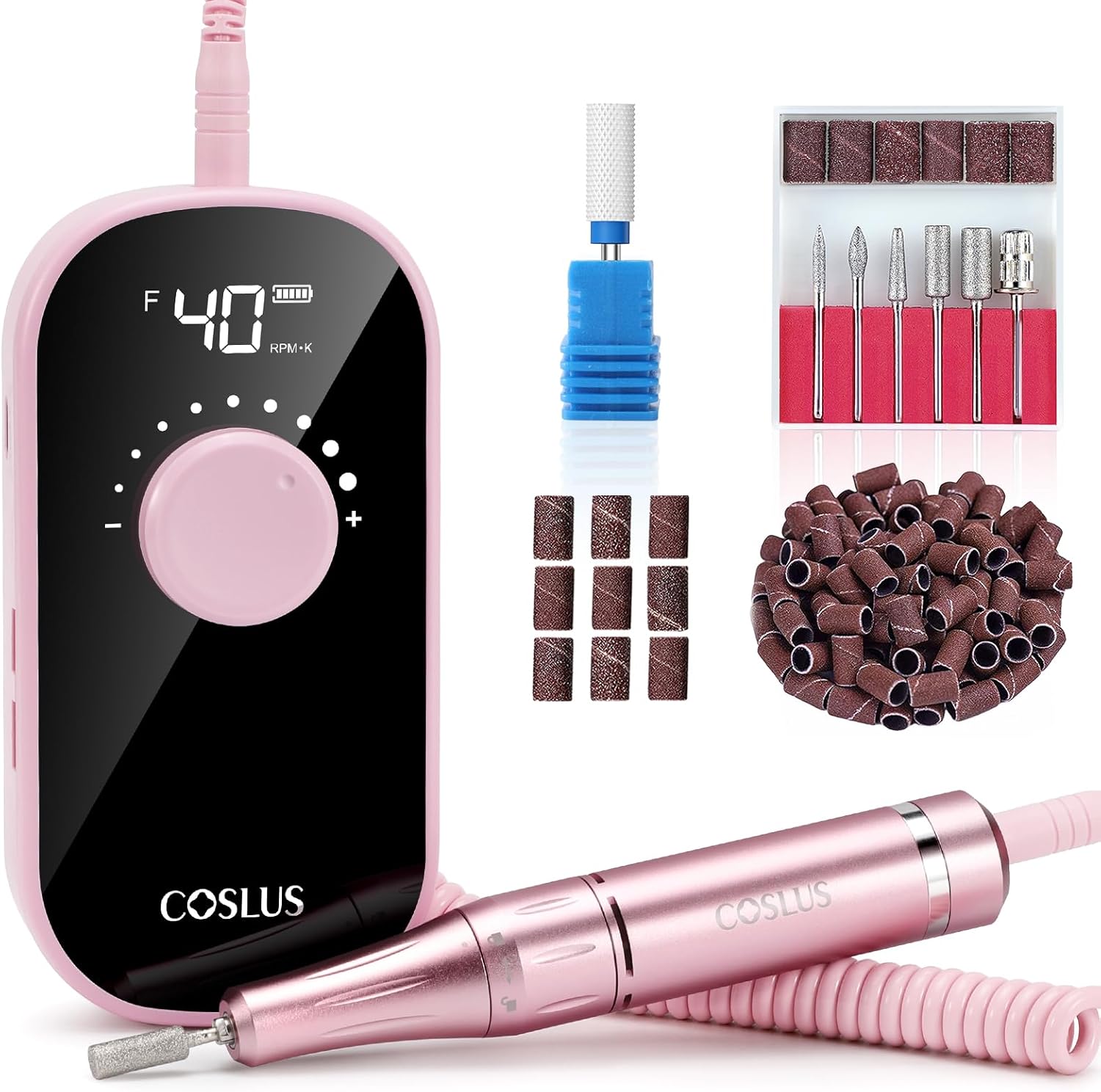 COSLUS Professional Rechargeable Electric Nail Drill front view showing pink handpiece and smart LED display screen