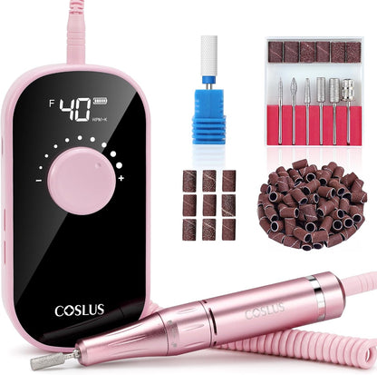 COSLUS Professional Rechargeable Electric Nail Drill front view showing pink handpiece and smart LED display screen