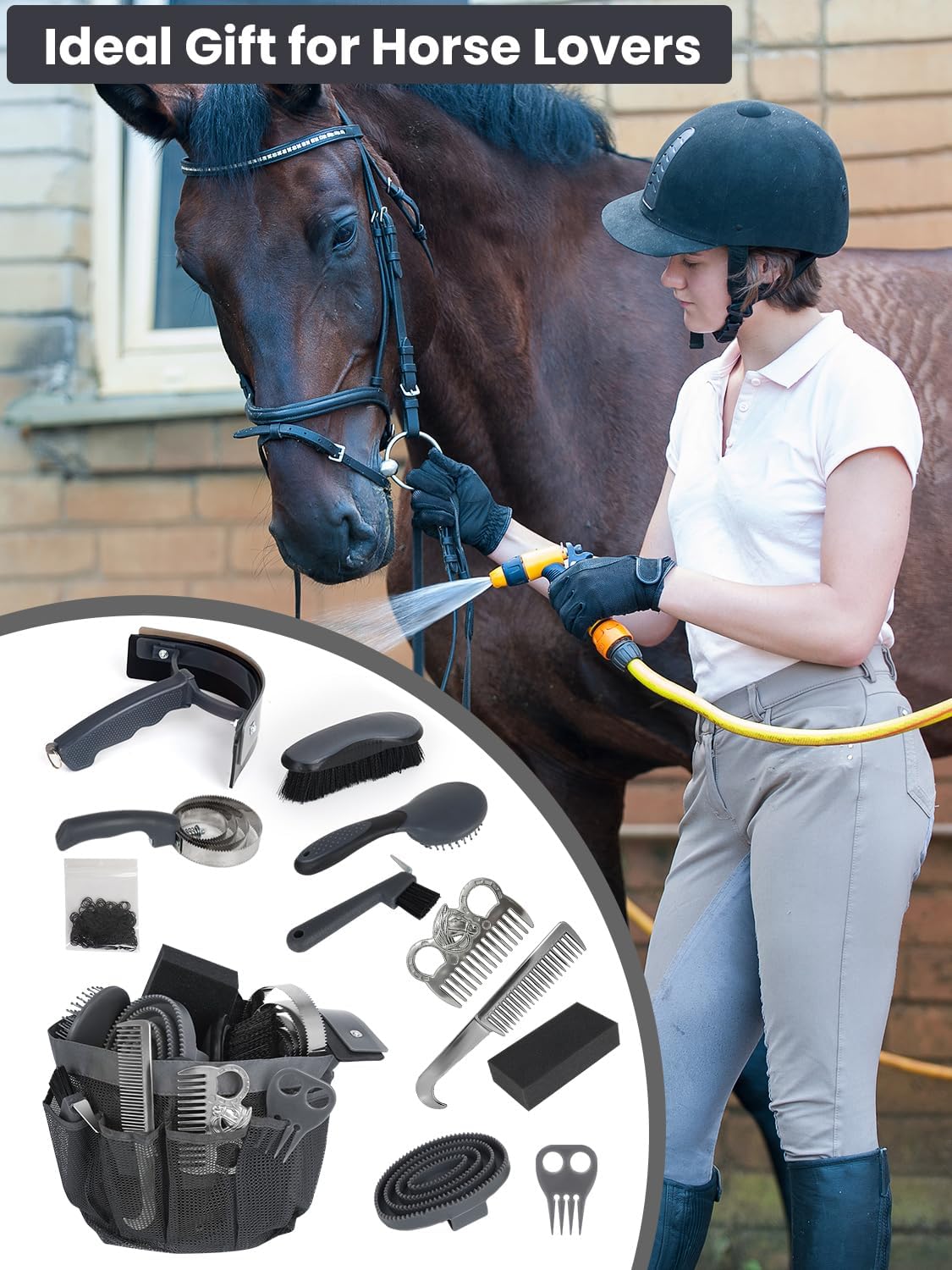 Inoreal breathable mesh storage bag packed with twelve pieces of horse care equipment