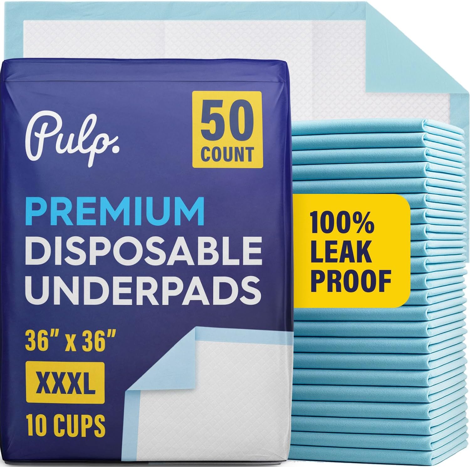 Pulp Professional XXXL Disposable Incontinence Bed Pads fifty count retail packaging front view showcasing heavy absorbency sheets