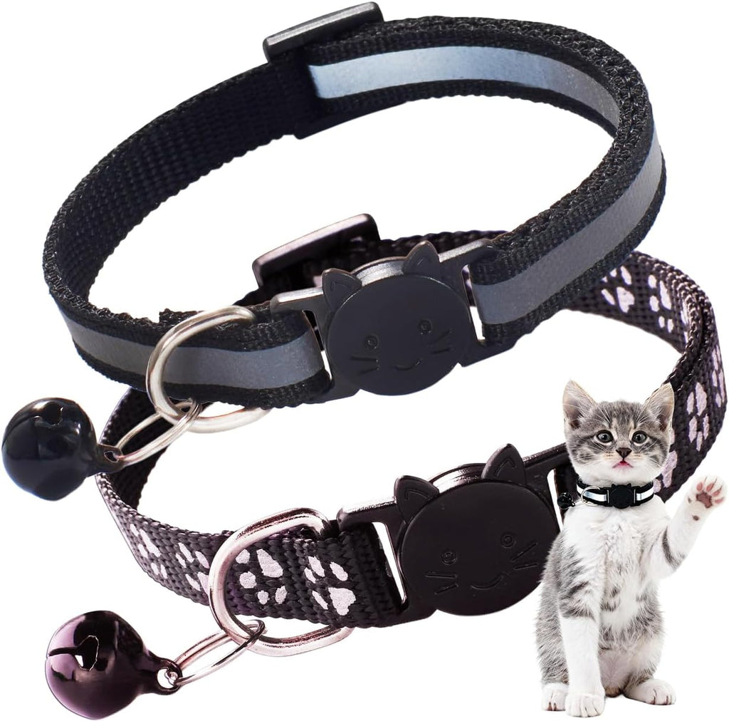 PSPORT Breakaway Cat Collar front view showing premium black nylon straps with reflective claw prints and cat face safety buckle.