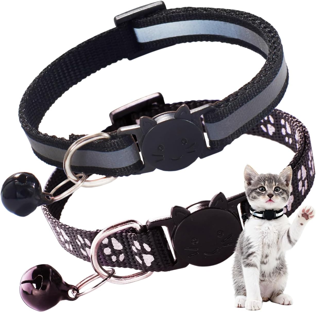 PSPORT Breakaway Cat Collar front view showing premium black nylon straps with reflective claw prints and cat face safety buckle.