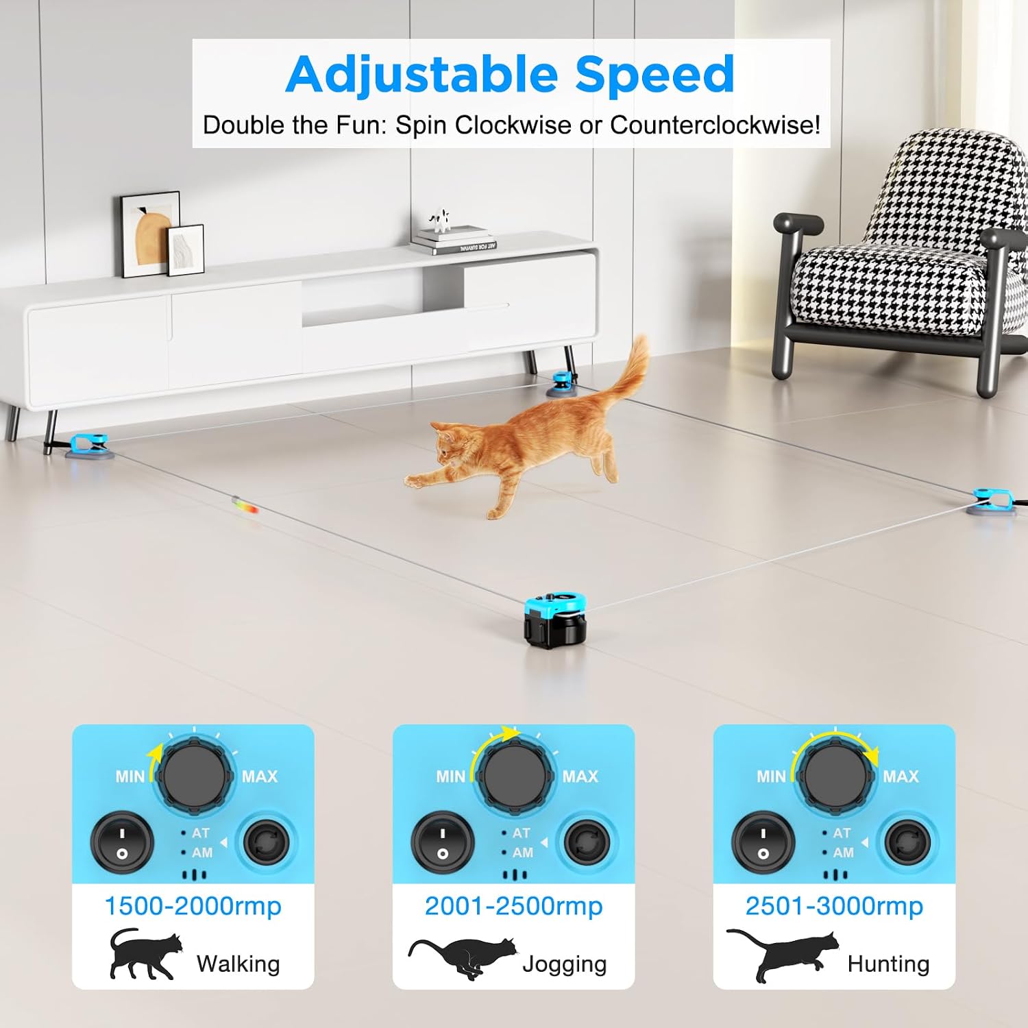 Sky blue remote control cat teaser toy with customizable DIY tracking rope paths