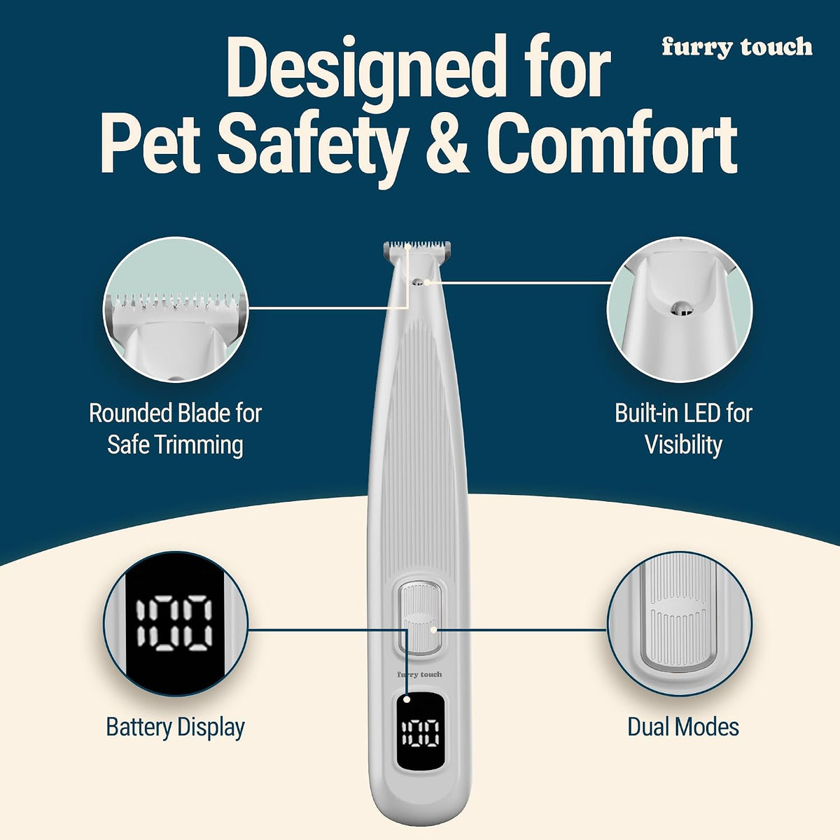 Furry Touch quiet pet trimmer being gently used around a sensitive cat ear for precise hair removal.