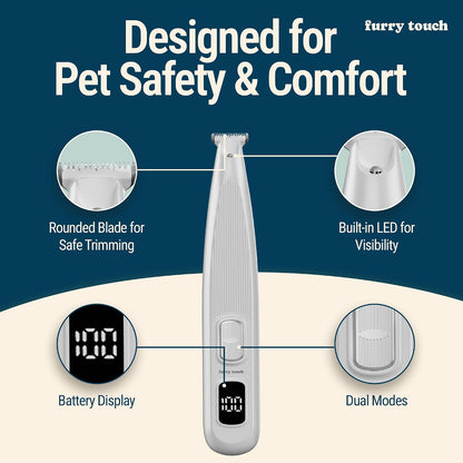 Furry Touch quiet pet trimmer being gently used around a sensitive cat ear for precise hair removal.