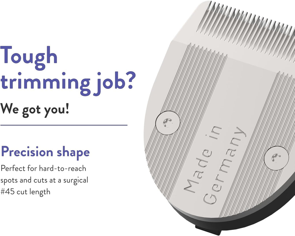 Wahl Professional Vetiva Veterinary Mini Trimmer blade attachment highlighting corrosion resistant steel