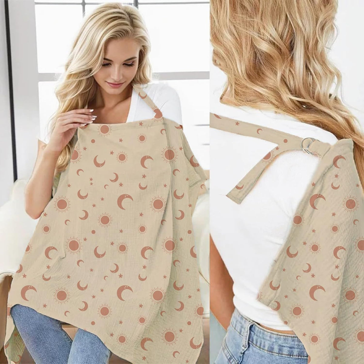 Neblueum Muslin Nursing Cover front view with sun moon and stars print