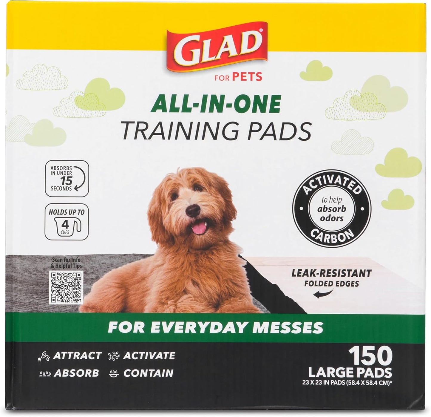Glad For Pets Black Charcoal Puppy Pads 150 Count pack front view showcasing premium leak proof packaging.