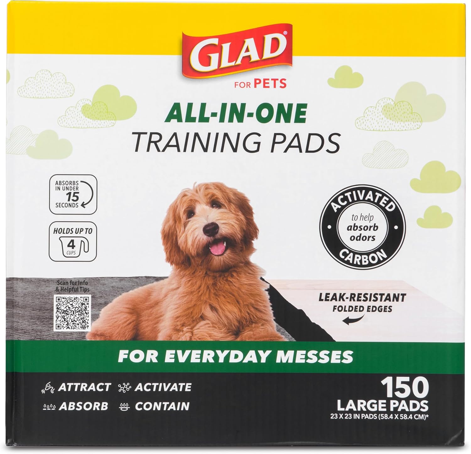 Glad For Pets Black Charcoal Puppy Pads 150 Count pack front view showcasing premium leak proof packaging.