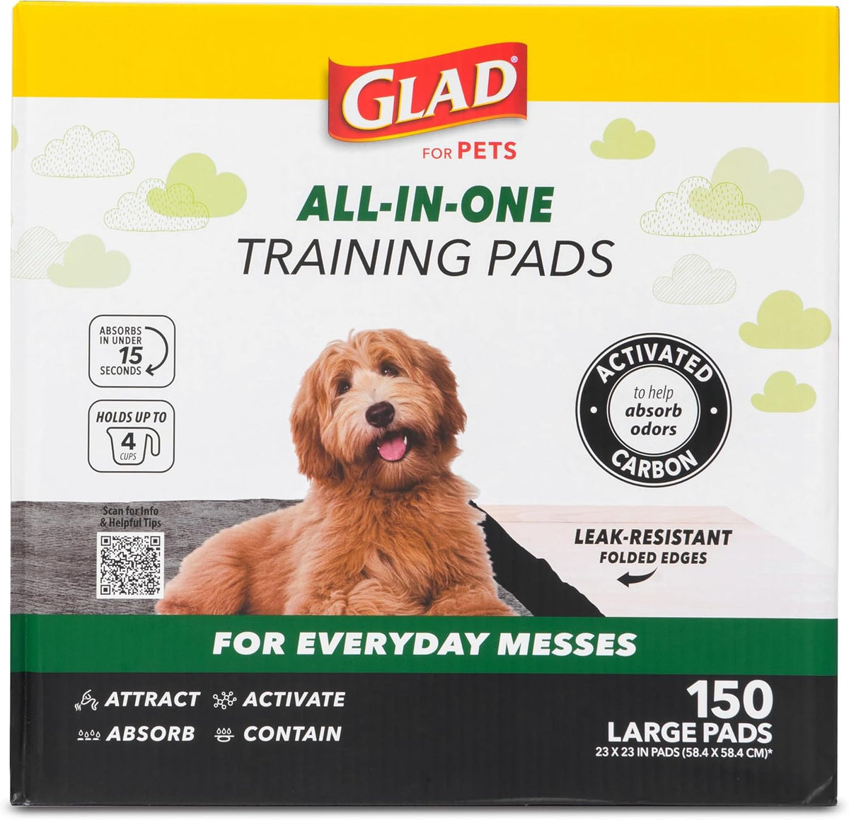 Glad For Pets Black Charcoal Puppy Pads 150 Count pack front view showcasing premium leak proof packaging.