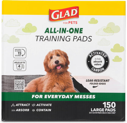 Glad For Pets Black Charcoal Puppy Pads 150 Count pack front view showcasing premium leak proof packaging.