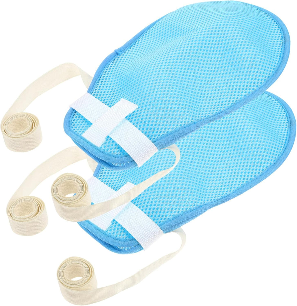 Ondhe Bharat's Dementia Restraint Gloves front view showing breathable blue mesh.