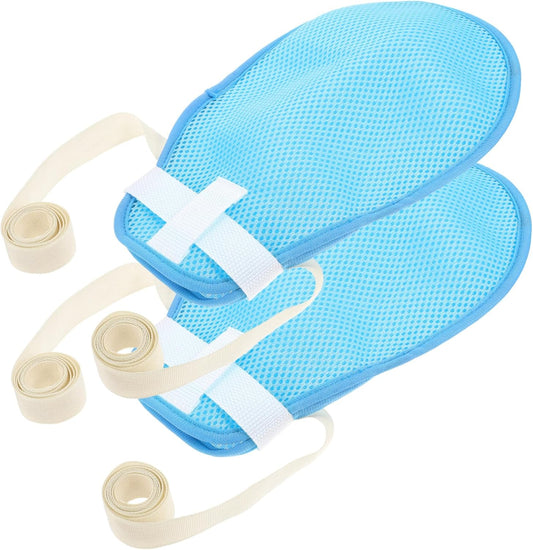 Ondhe Bharat's Dementia Restraint Gloves front view showing breathable blue mesh.