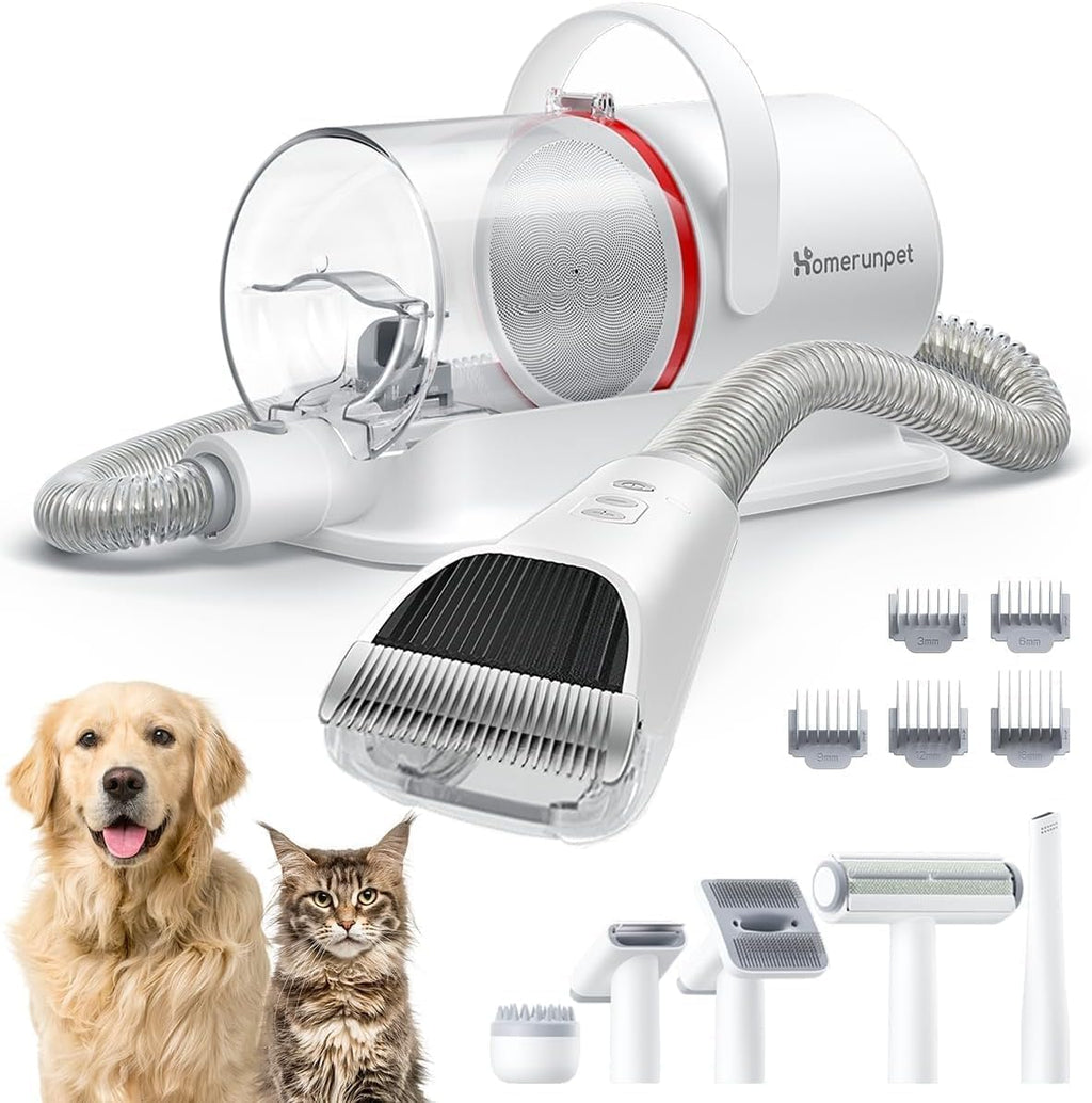 HomeRunPet Ultra Quiet Dog Grooming Vacuum front view showcasing the white main suction unit and premium branding