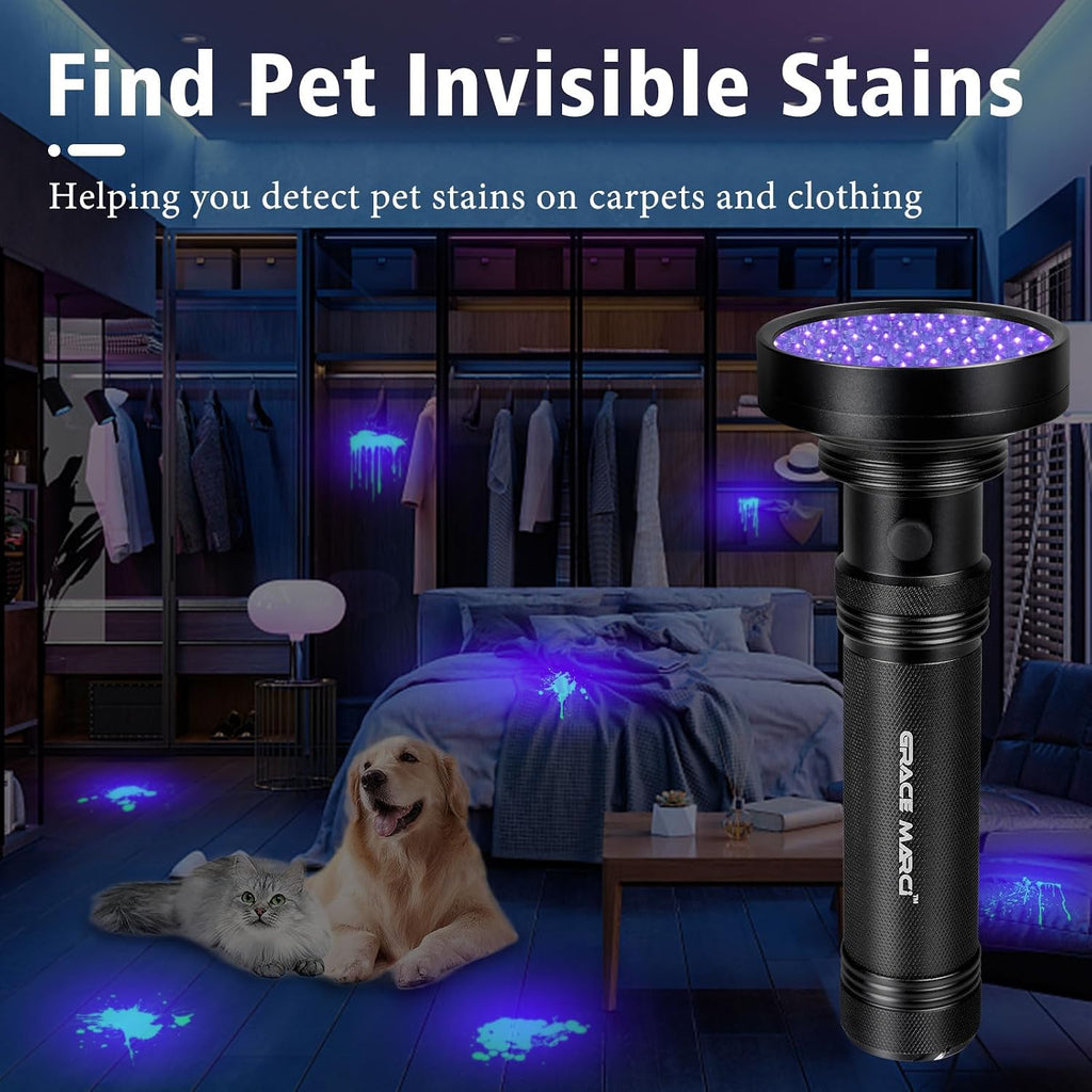 Grace Marci ultraviolet stain detector illuminating dried pet urine on a living room carpet.