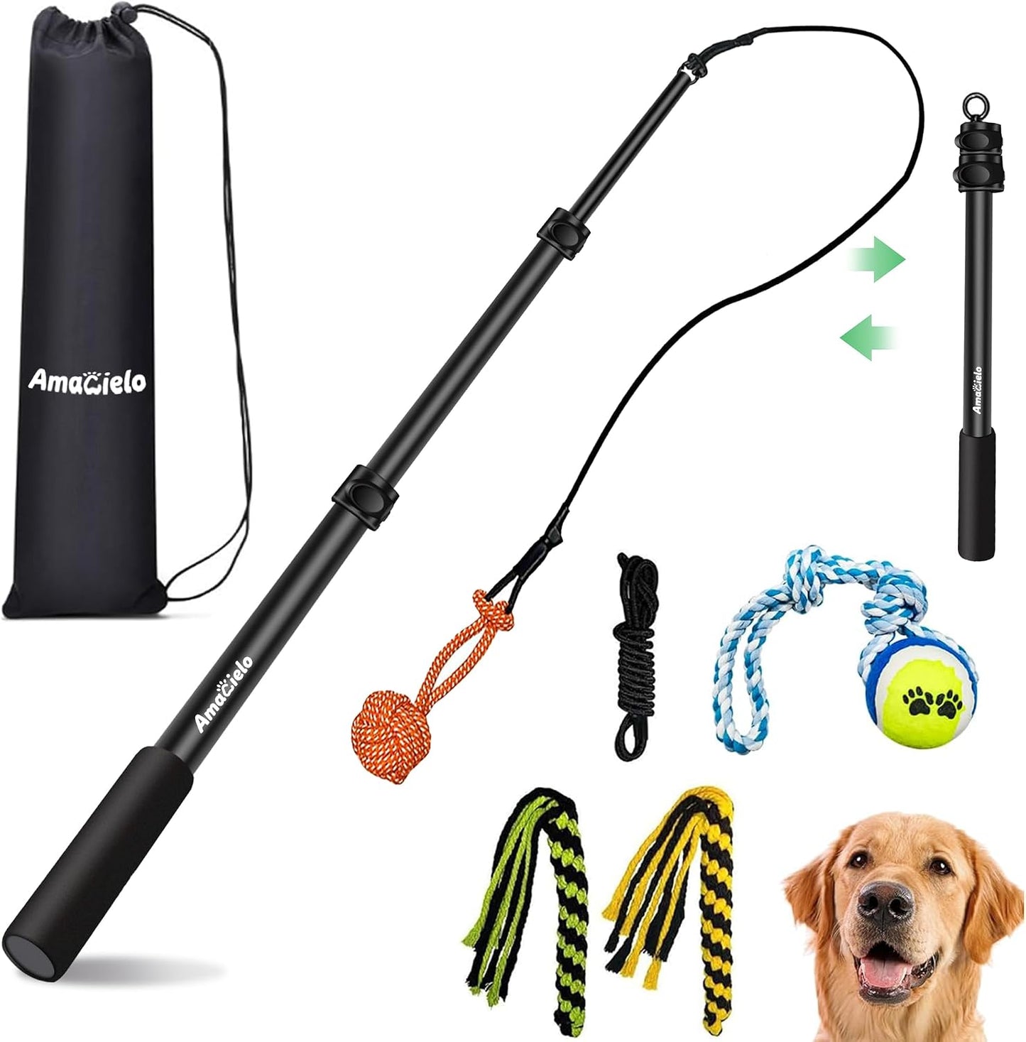 AmaCielo Flirt Pole for Dogs front view of extended aluminum teaser wand with rope toy attachment.