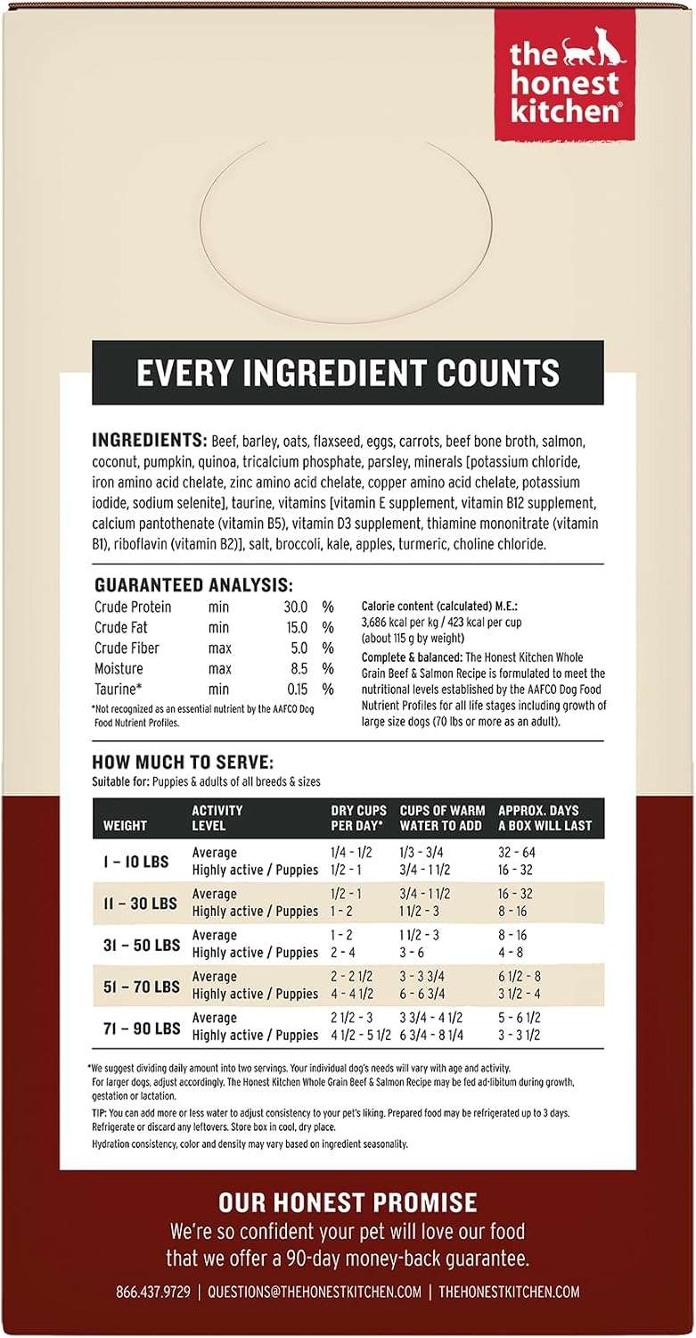 The Honest Kitchen dog food packaging displaying human grade quality label