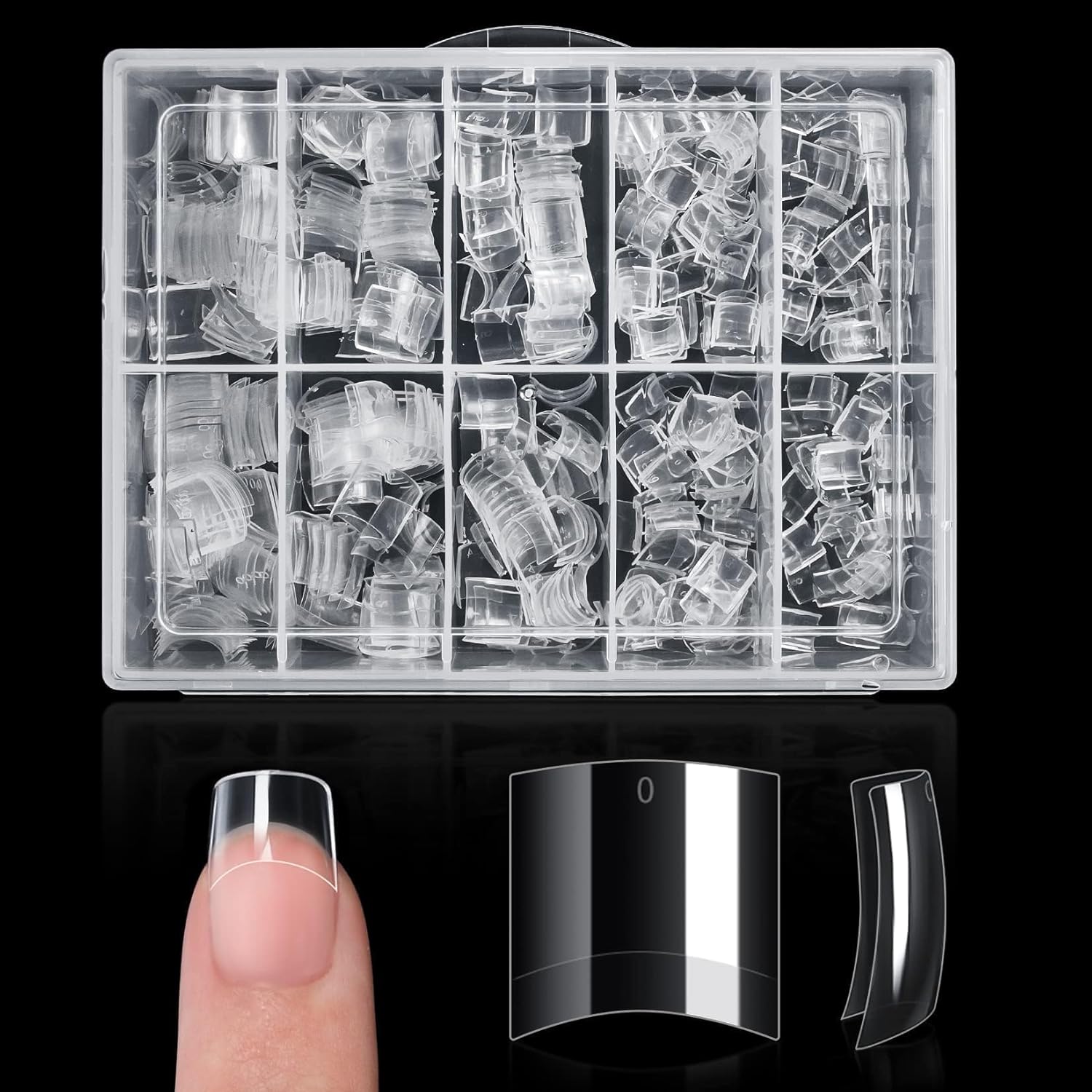 Buqikma 500PCS short nail tips in a pink partitioned storage box