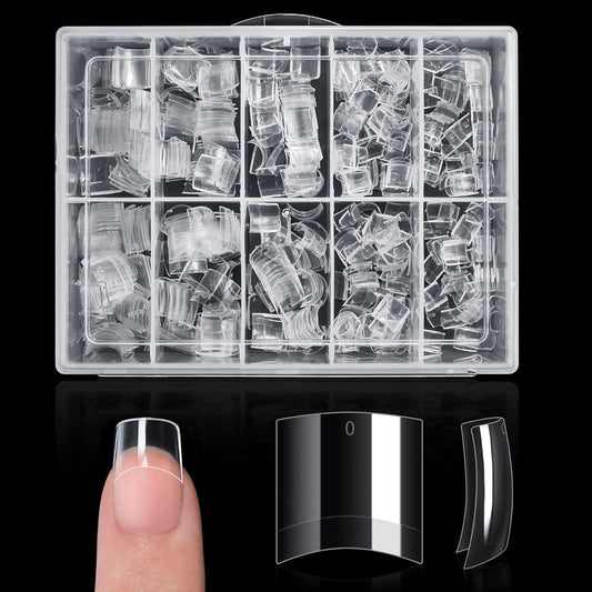Buqikma 500PCS short nail tips in a pink partitioned storage box