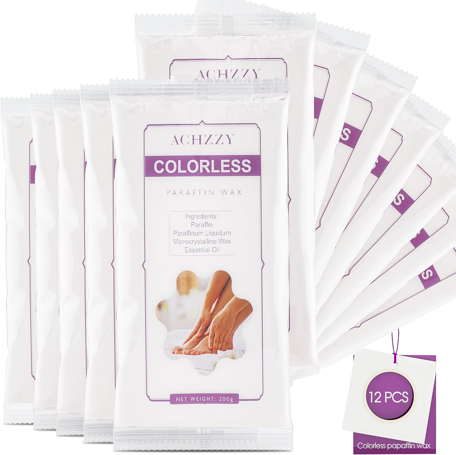 Achzzy natural paraffin wax refills 12 pack front view showing premium unscented spa packaging.