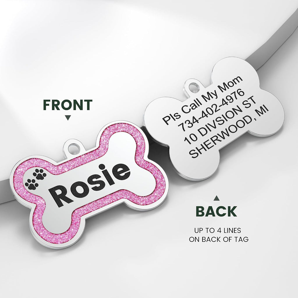 Custom stainless steel pet identification tag for small dogs and cats with glitter border.