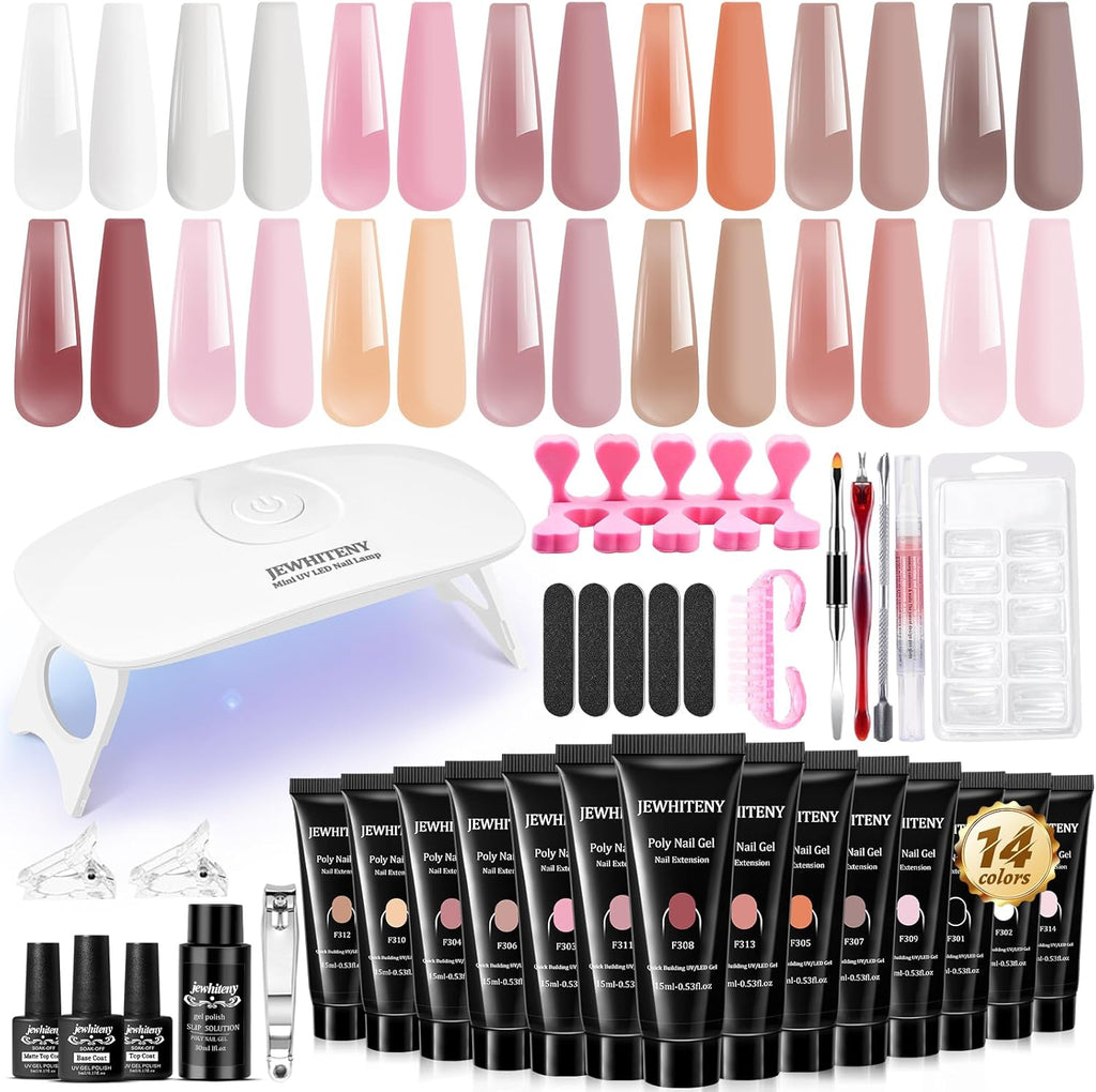 JEWHITENY poly extension gel nail kit front view showcasing color tubes and mini lamp