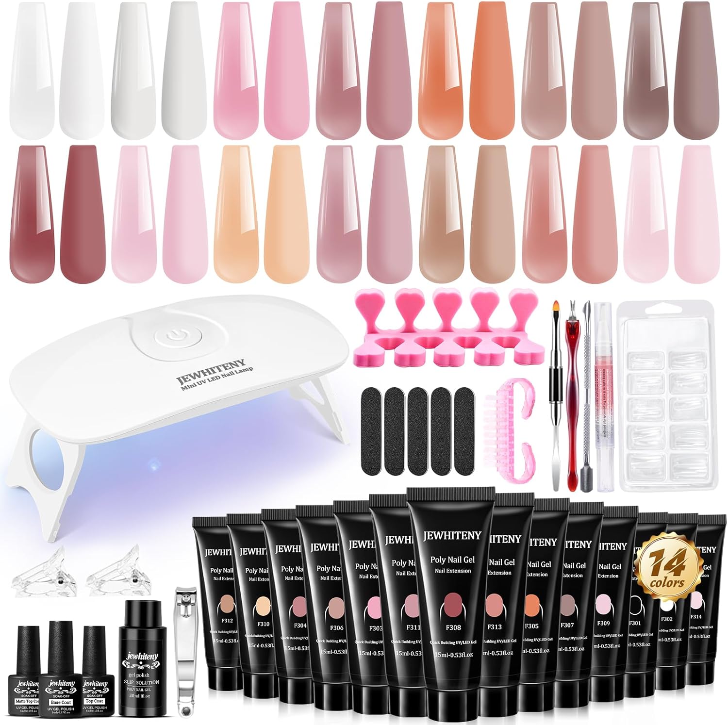 JEWHITENY 14 color poly extension gel kit tubes displayed in shades of pink white and nude