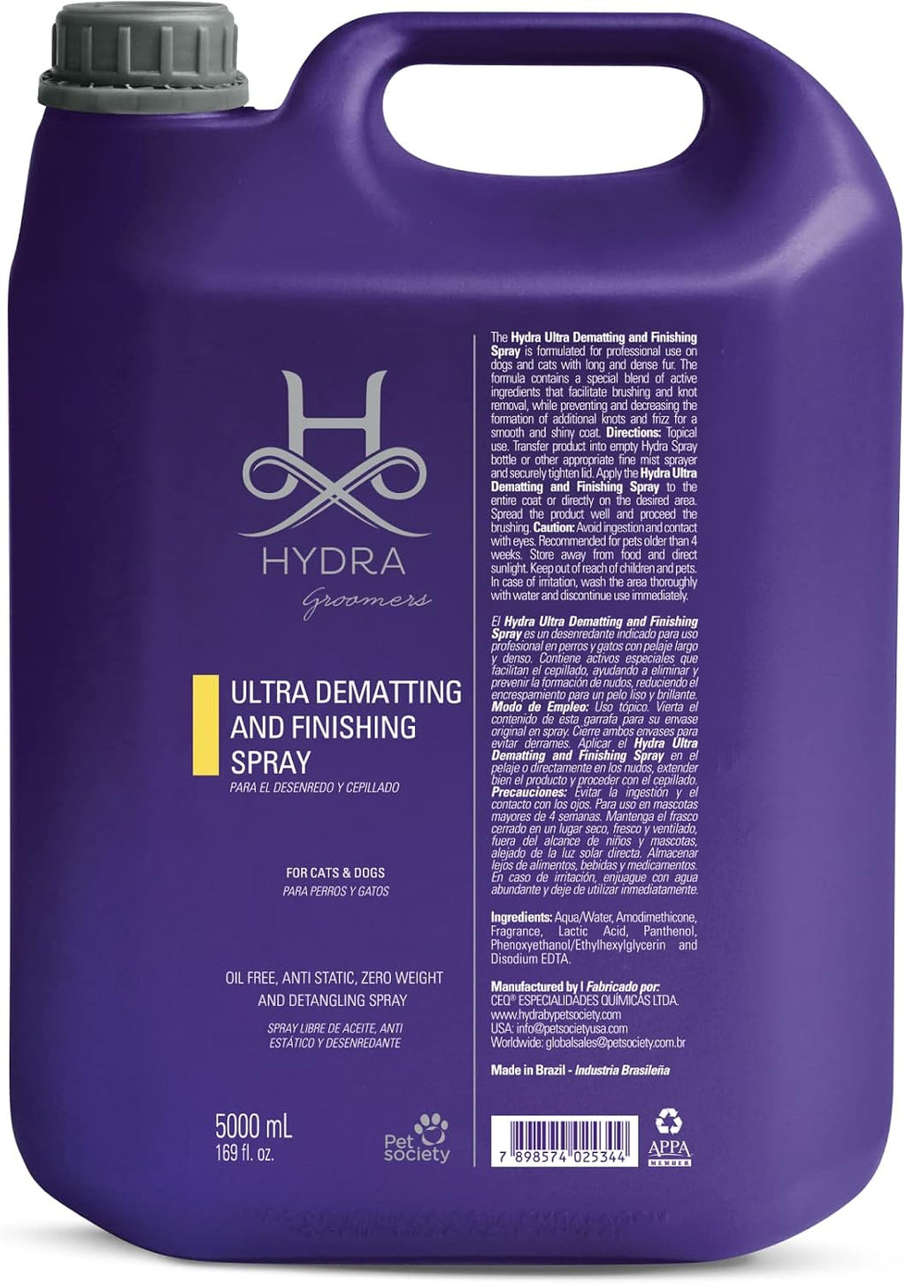 Long hair pet finishing spray for smooth and shiny dog coats.