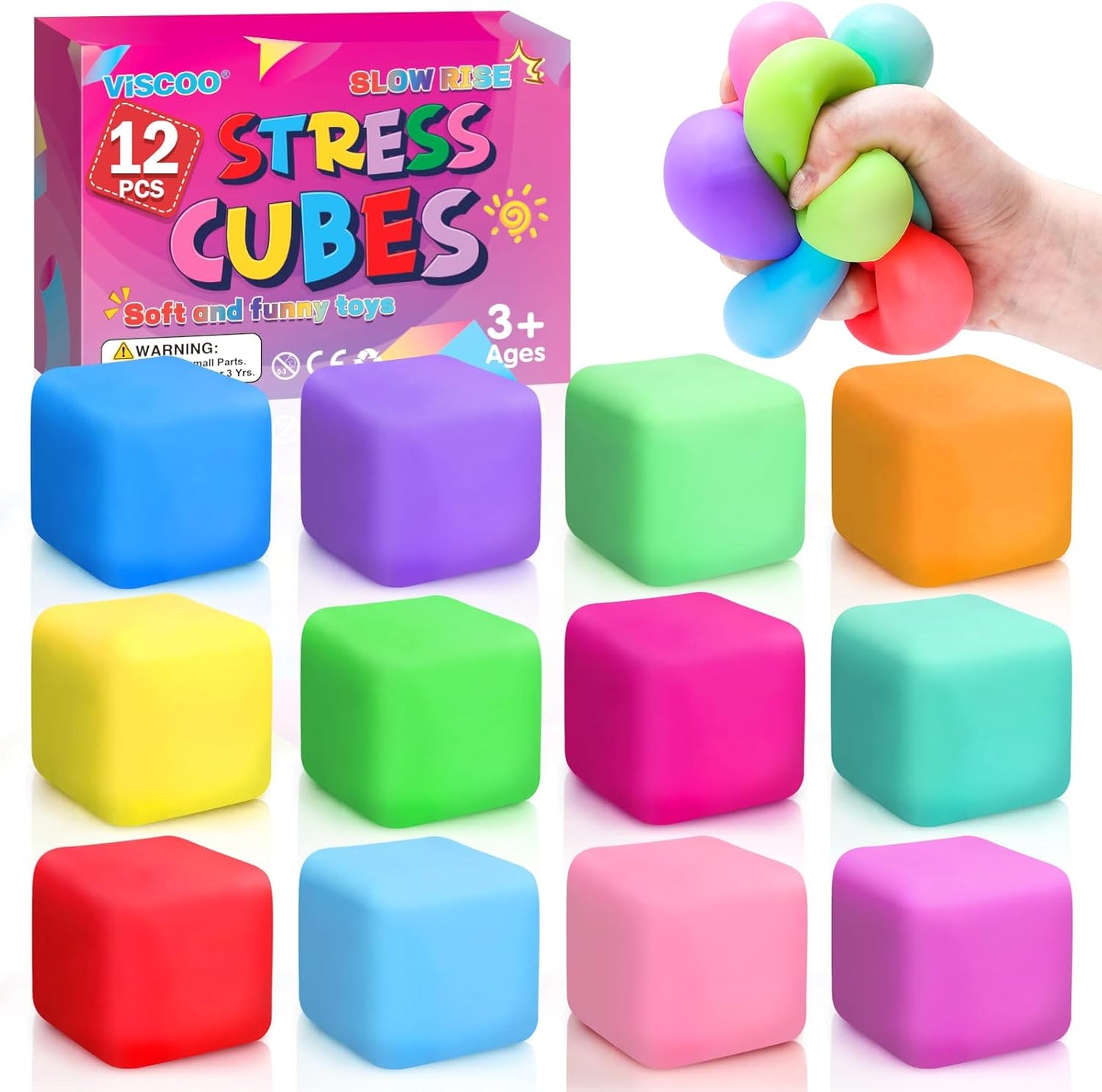 VISCOO Slow Rising Stress Cube twelve pack front view showing colorful sensory toys.