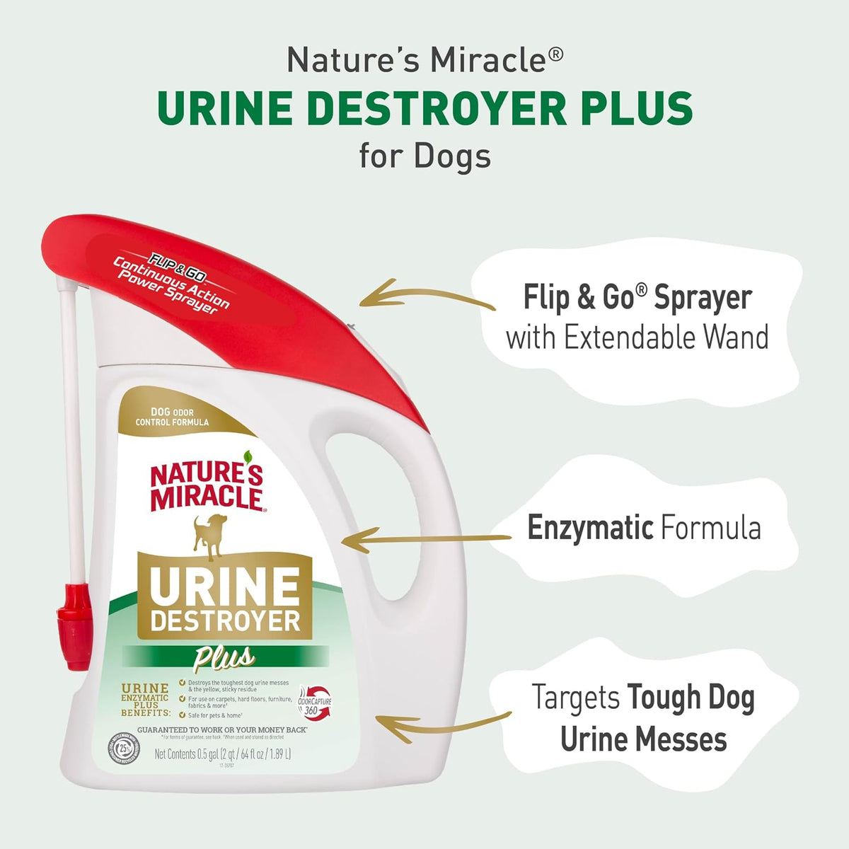 Nature's Miracle dog urine destroyer sixty four ounce bottle back label instructions