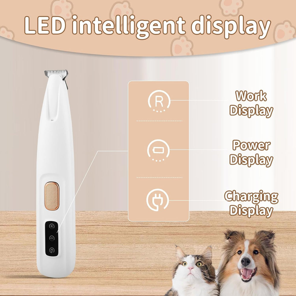 Demonstration of the low noise handheld pet shaver illuminating a dog's paw pads with the integrated LED light.