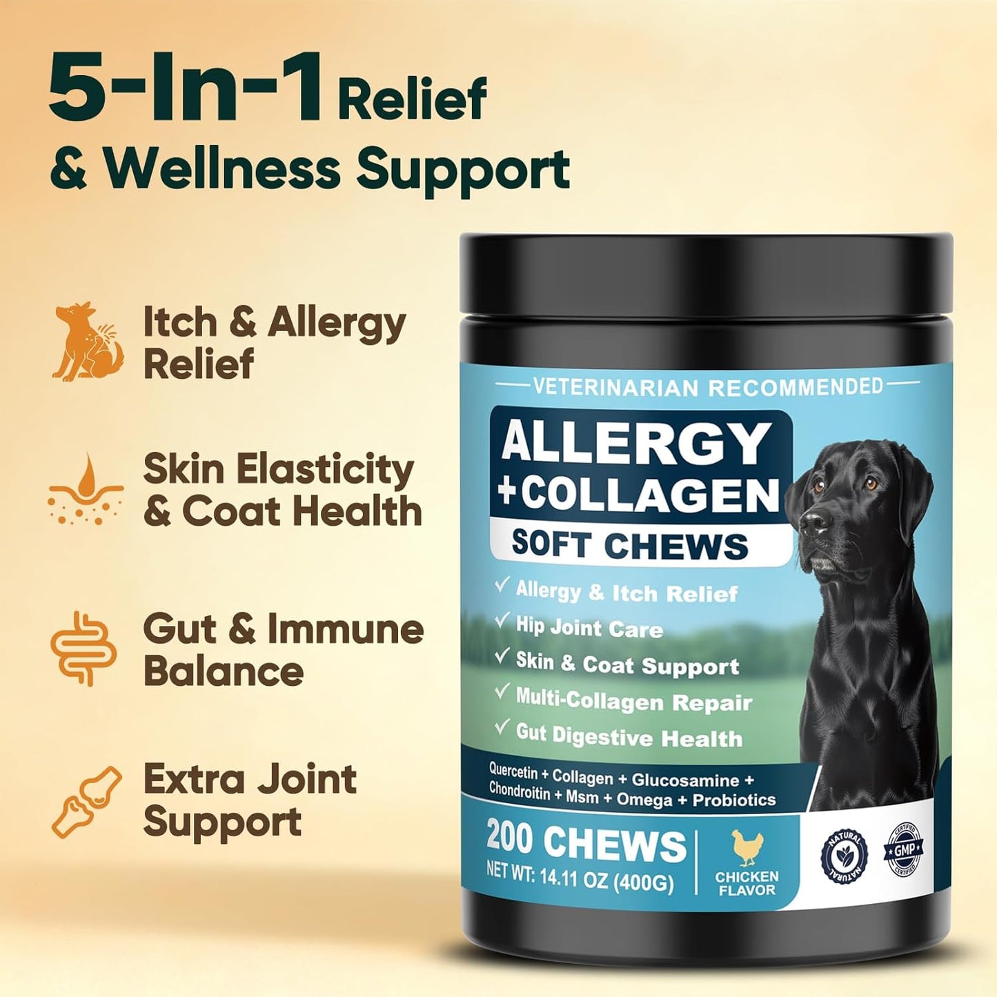 YYTKMY dog allergy supplement jar highlighting omega three and collagen benefits for pet skin.