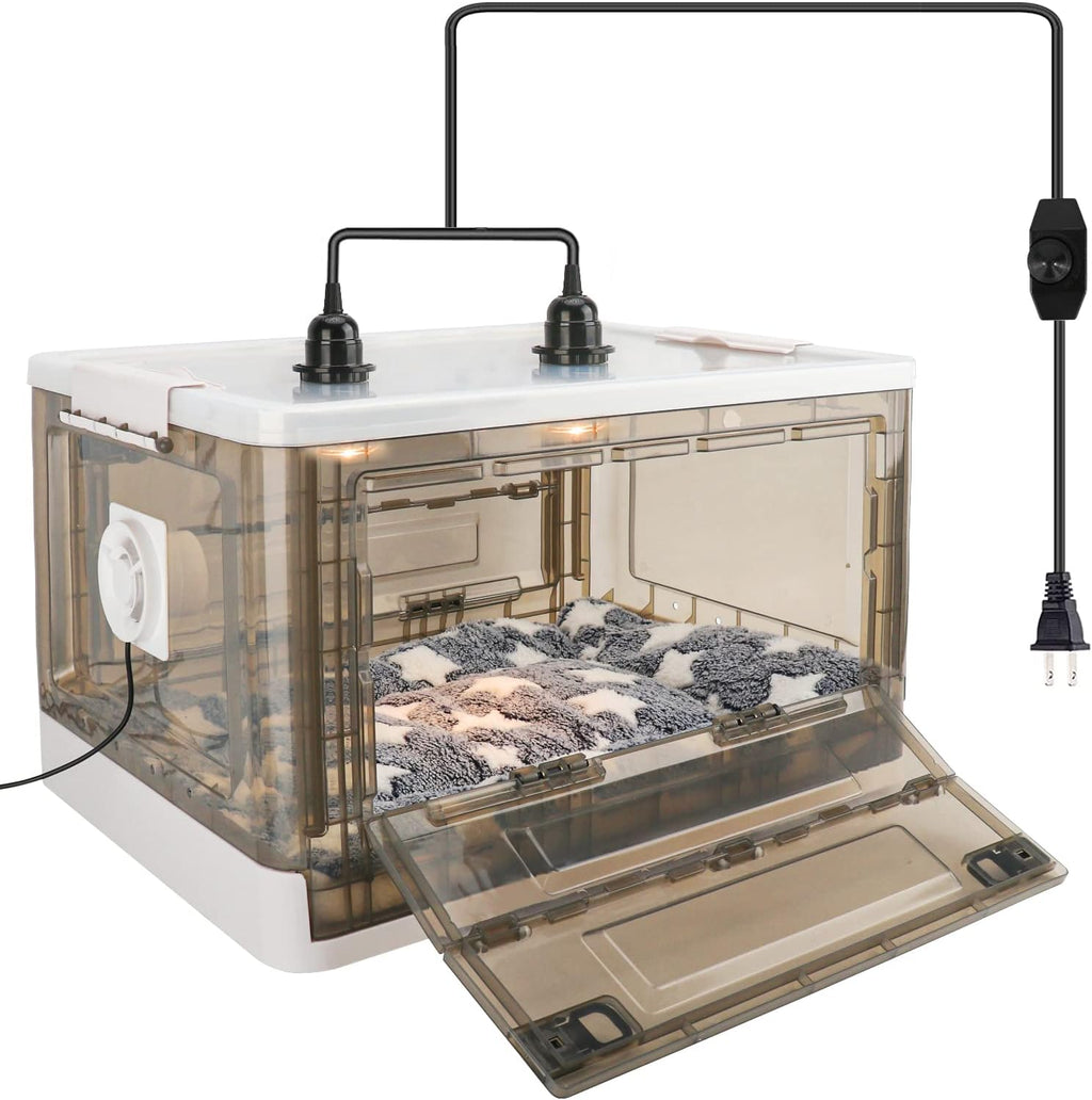 HKDQ kitten incubator side view highlighting the three speed ventilation circulation fan setup.