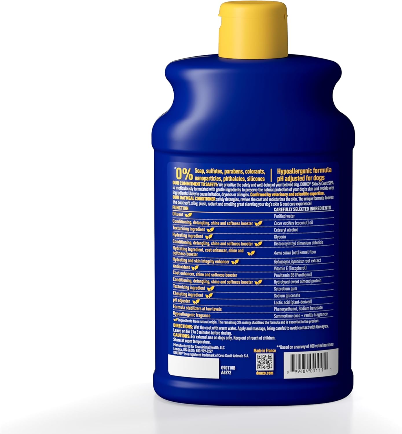 Douxo Skin and Coat Ultra Safe Conditioner back label showing directions