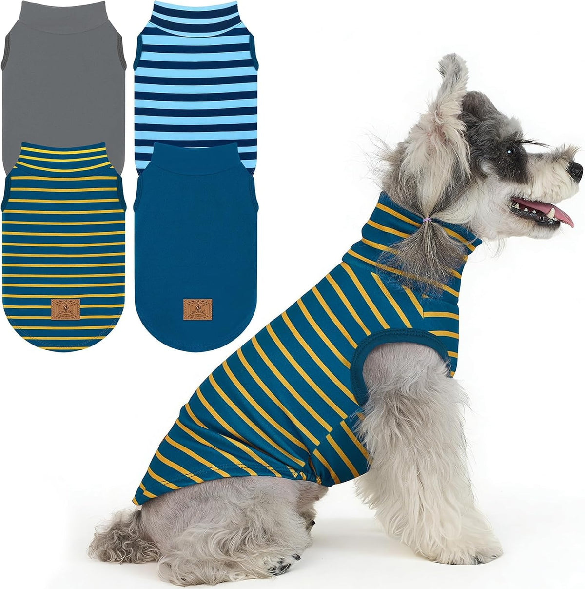 XPUDAC 4 Pack Dog Sweaters front view showing the blue and yellow striped turtleneck pullover pet vest