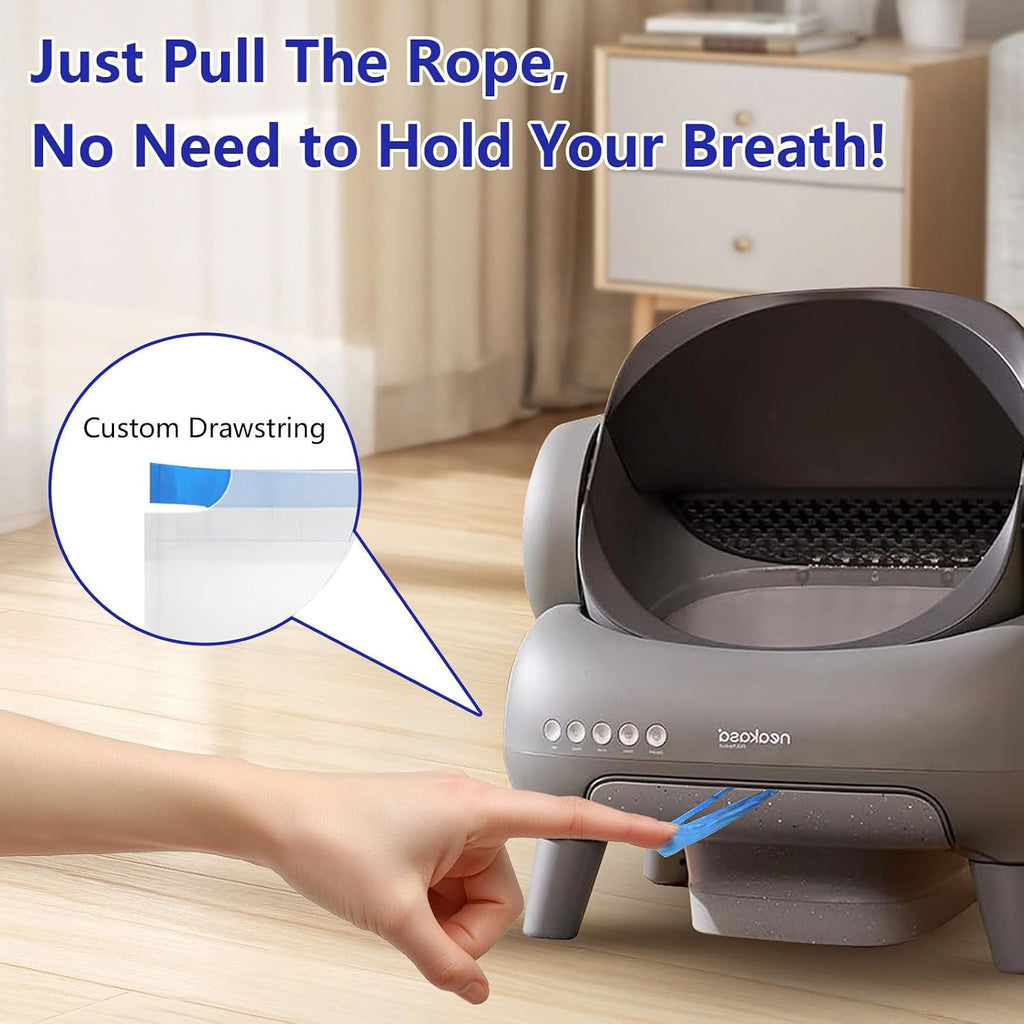 Sturdy drawstring mechanism on the cat litter liner being pulled for hands free disposal.