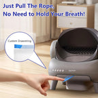 Sturdy drawstring mechanism on the cat litter liner being pulled for hands free disposal.