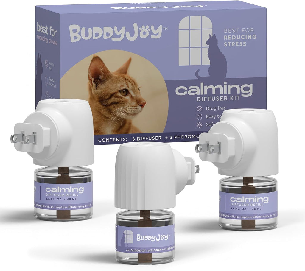 Instructional view demonstrating how to attach the Buddyjoy calming refill into the plug-in base unit.
