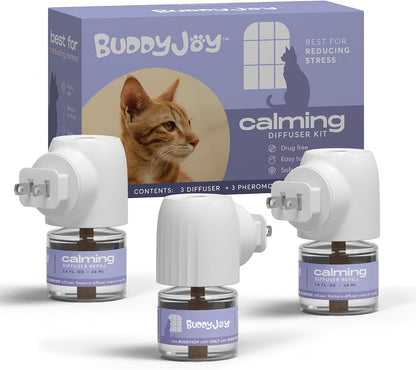 Instructional view demonstrating how to attach the Buddyjoy calming refill into the plug-in base unit.