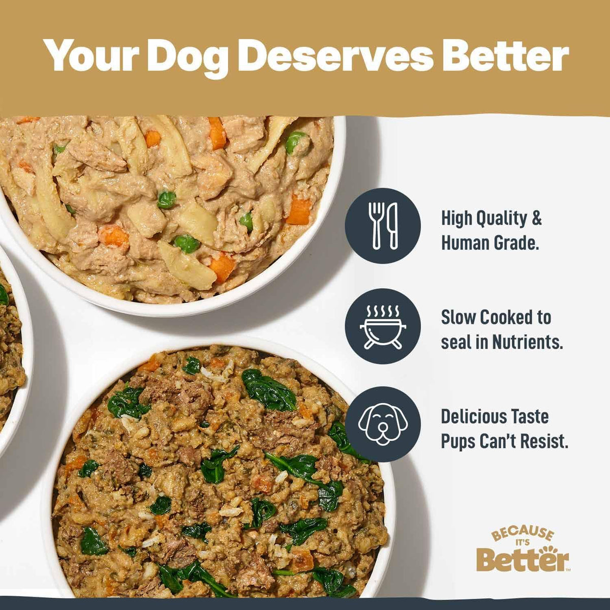 Because Its Better human grade dog food packaging highlighting natural slow cooked ingredients