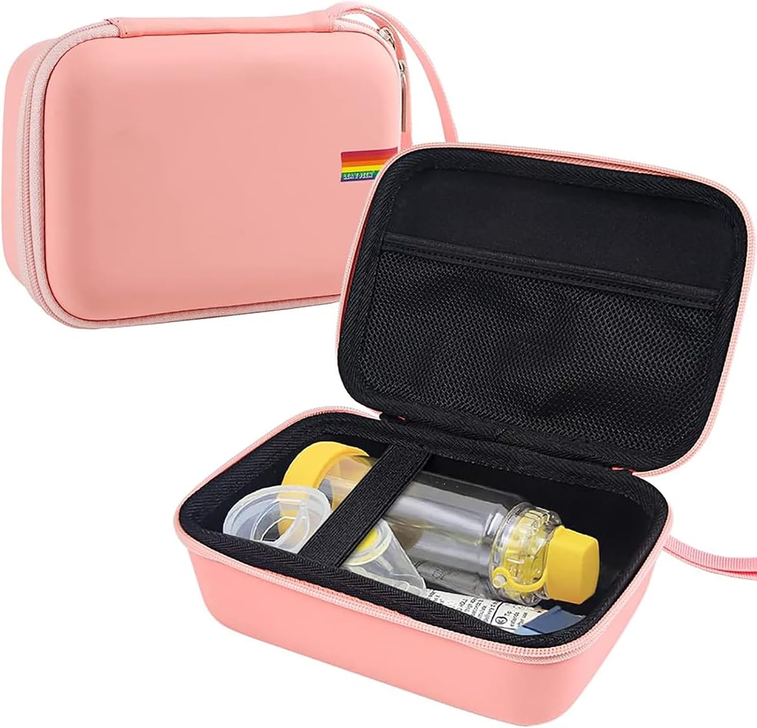 Leayjeen portable suitcase asthma inhaler case front view pink hard shell travel organizer
