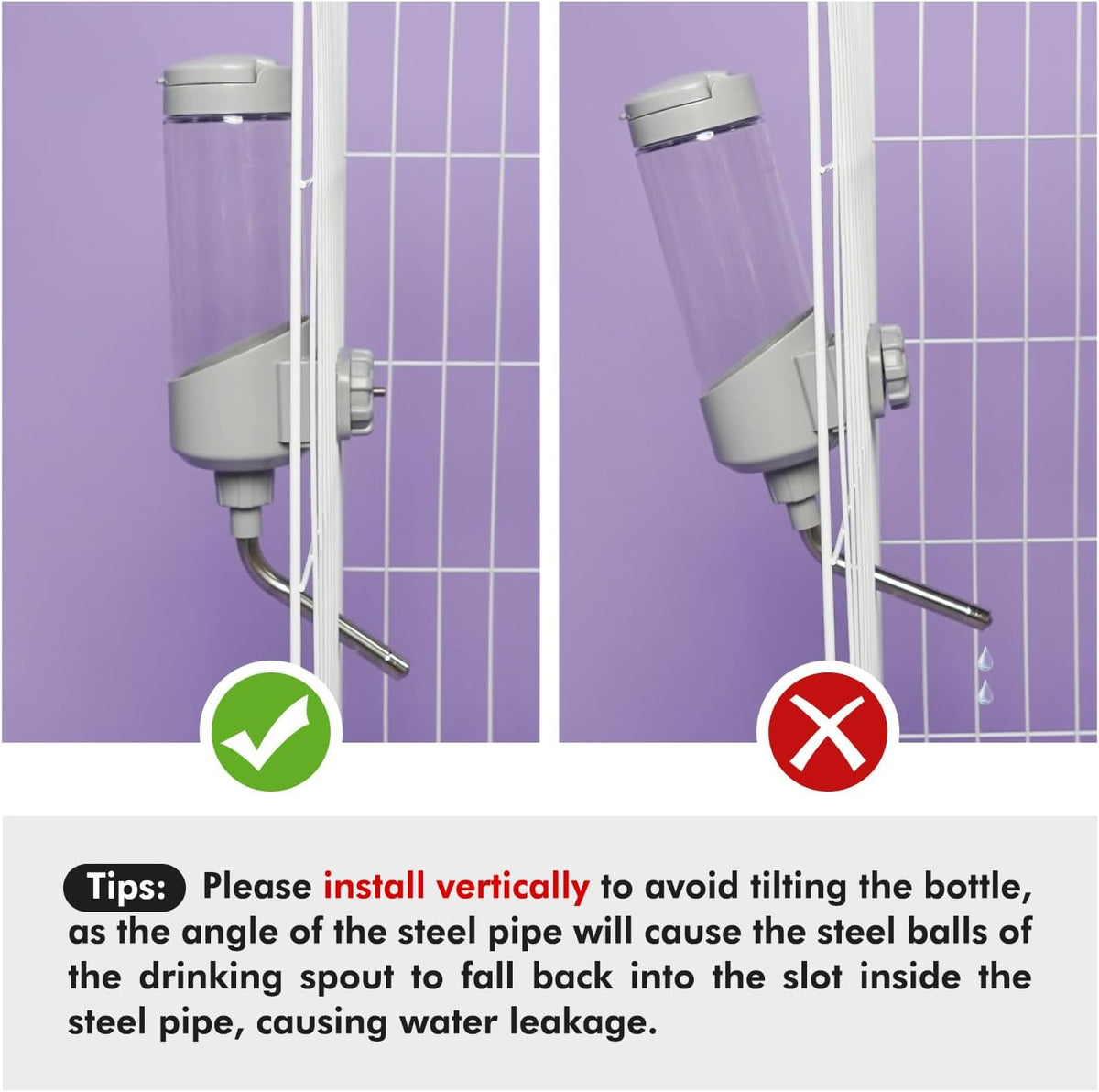 Vannon automatic pet water bottle mounted securely on side of iron dog crate
