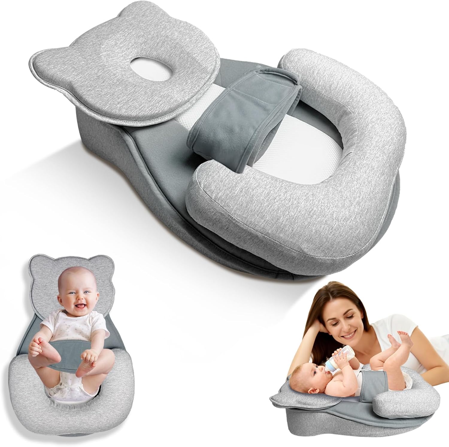 Donpemu reflux baby lounger pillow front view with safety strap