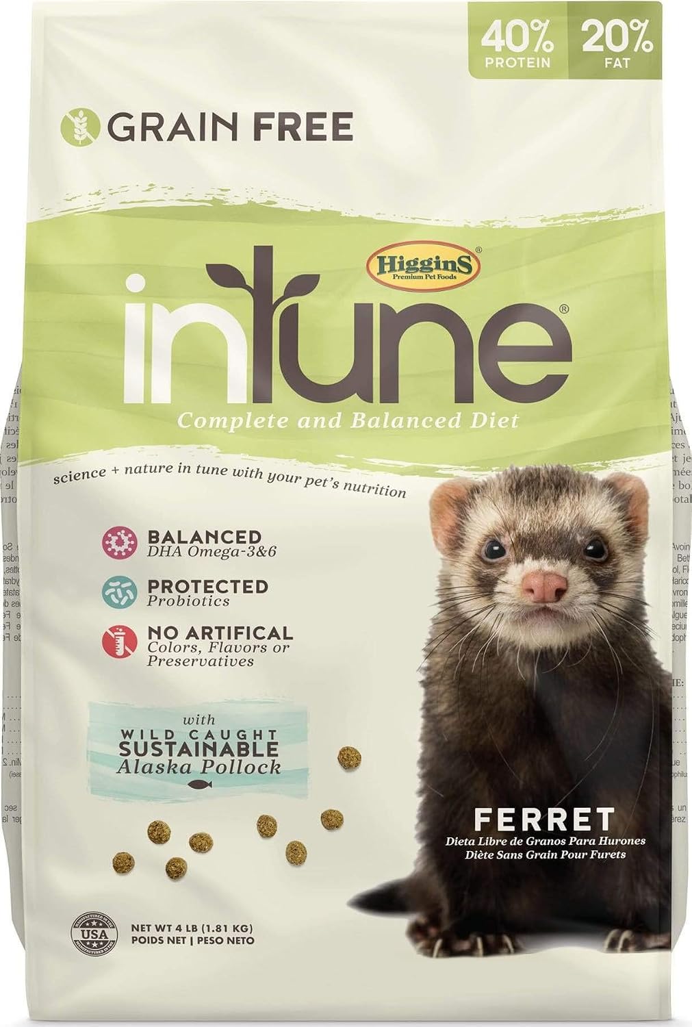 Higgins inTune Grain Free Ferret Food four pound bag front view premium pet food online