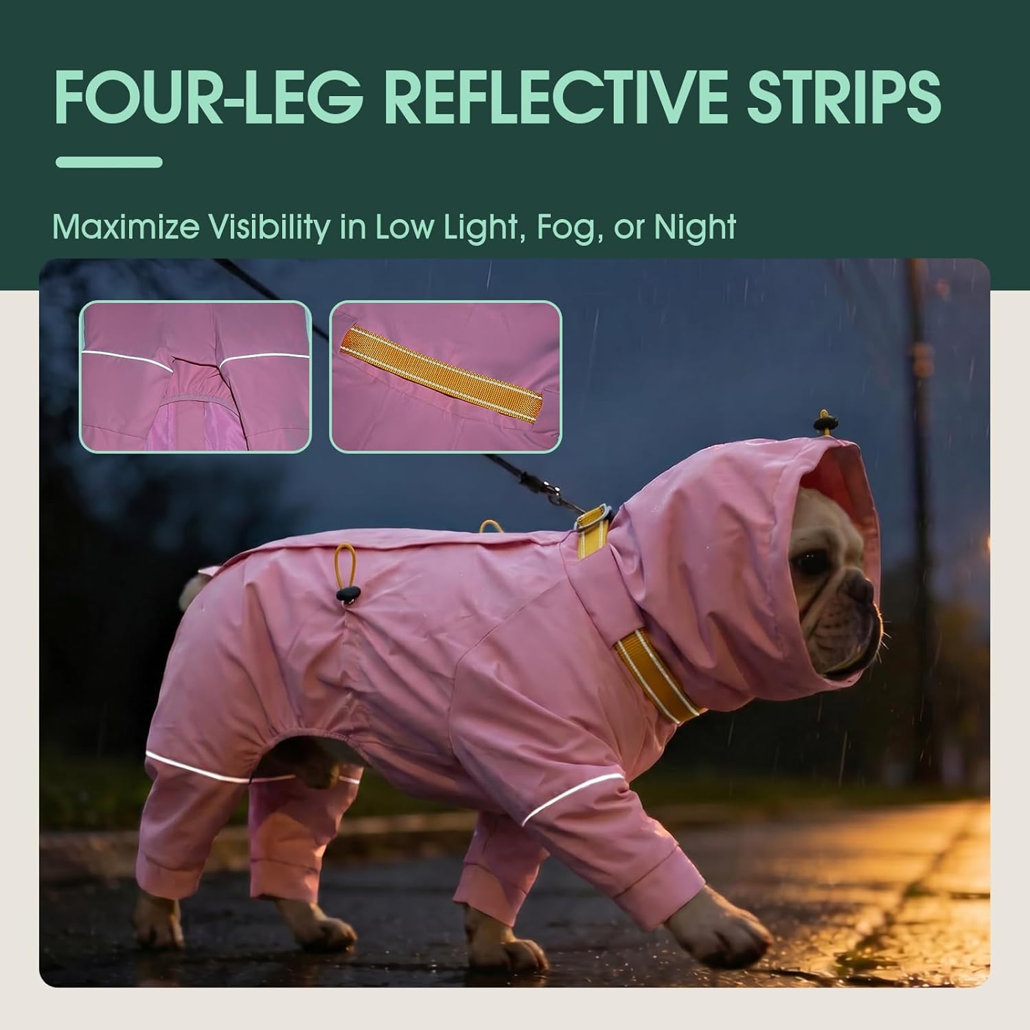 Four leg waterproof dog suit showing storage pocket detail