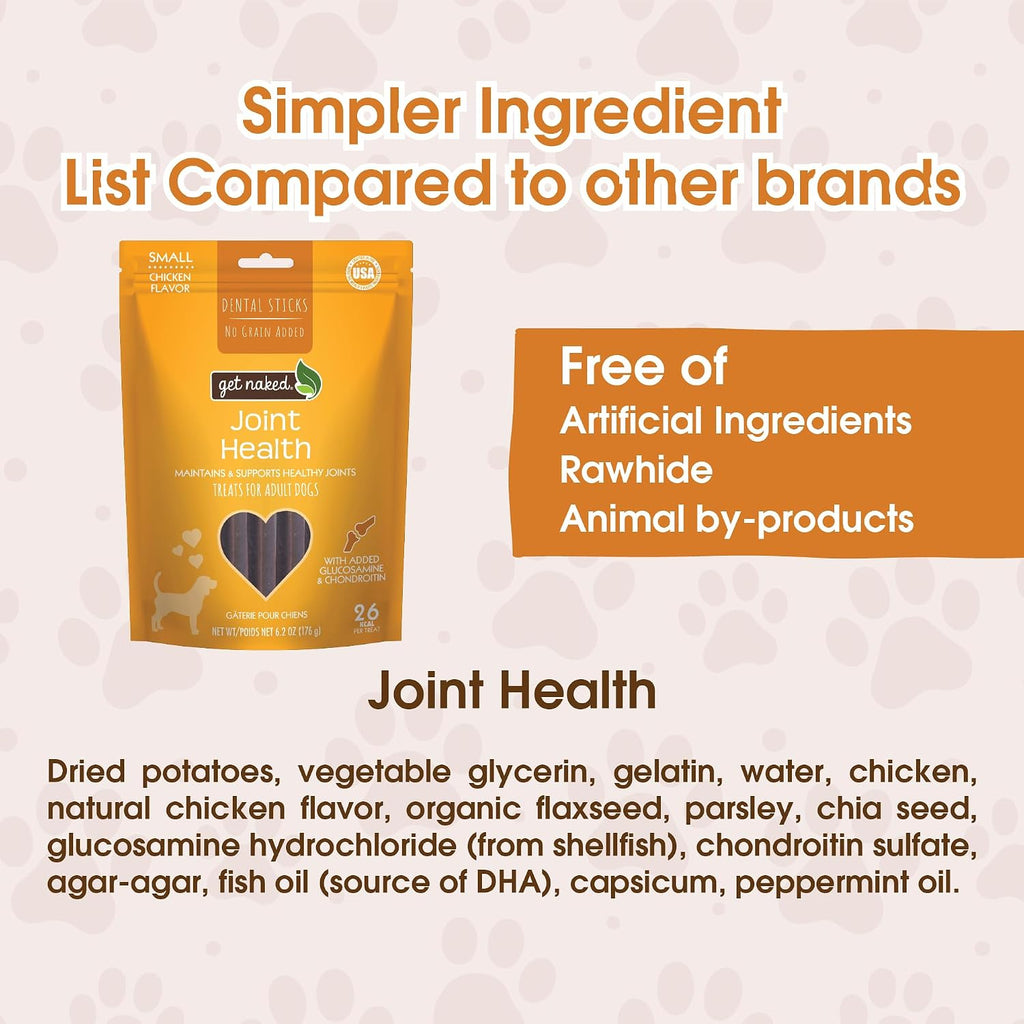 Back label of Get Naked Joint Health dental chews with ingredients list