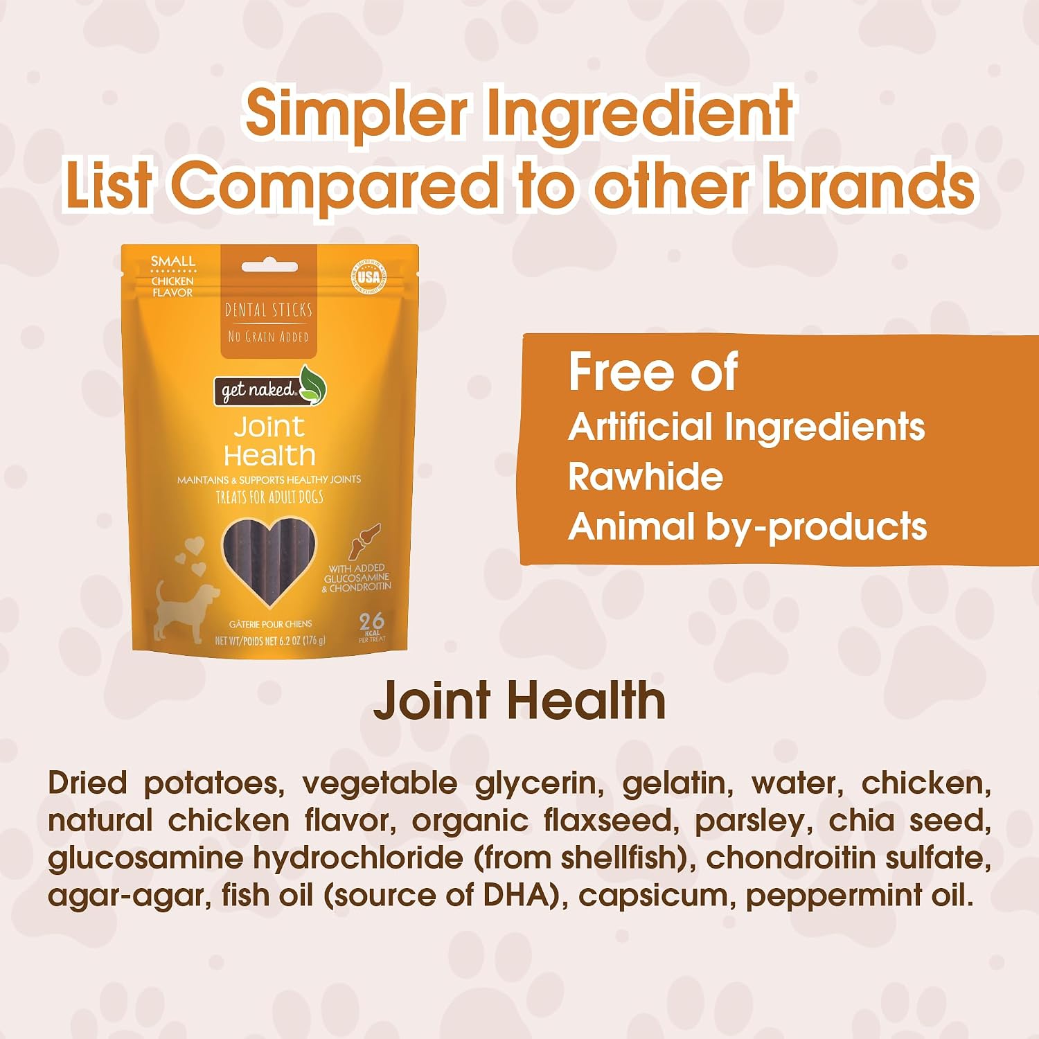 Back label of Get Naked Joint Health dental chews with ingredients list