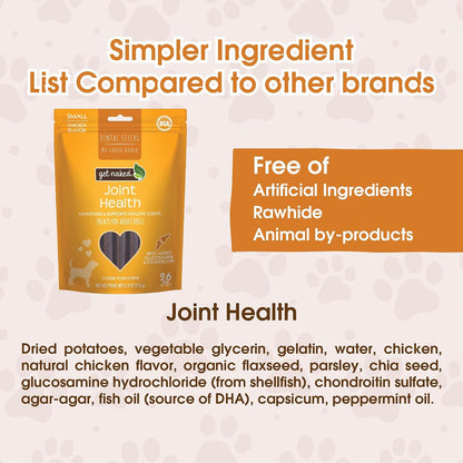 Back label of Get Naked Joint Health dental chews with ingredients list