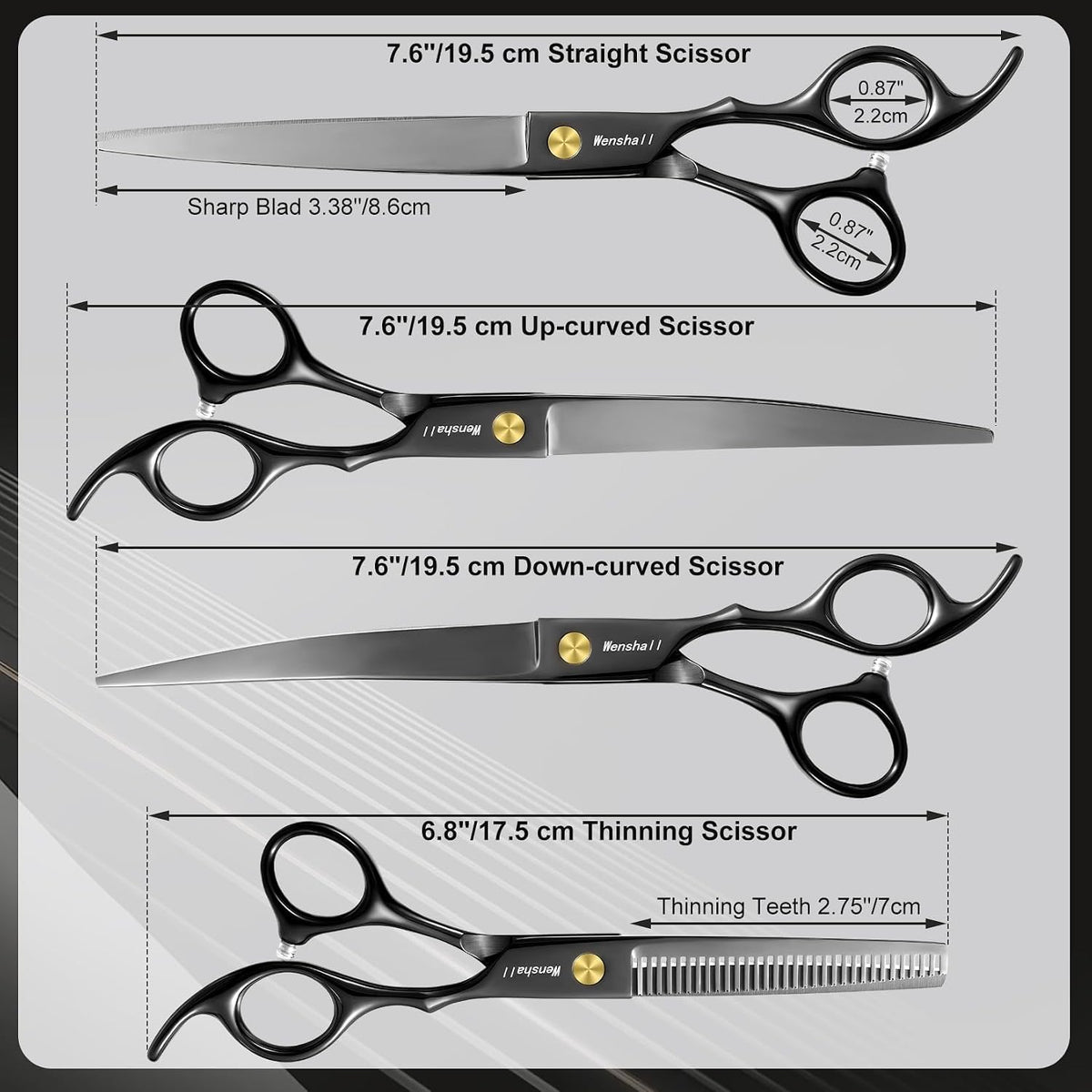 Wenshall Professional Dog Grooming Scissors Set, 7.0 Inch Titanium Straight & Thinning & Curved scissors and Comb for Dog grooming (Black) - Image 9